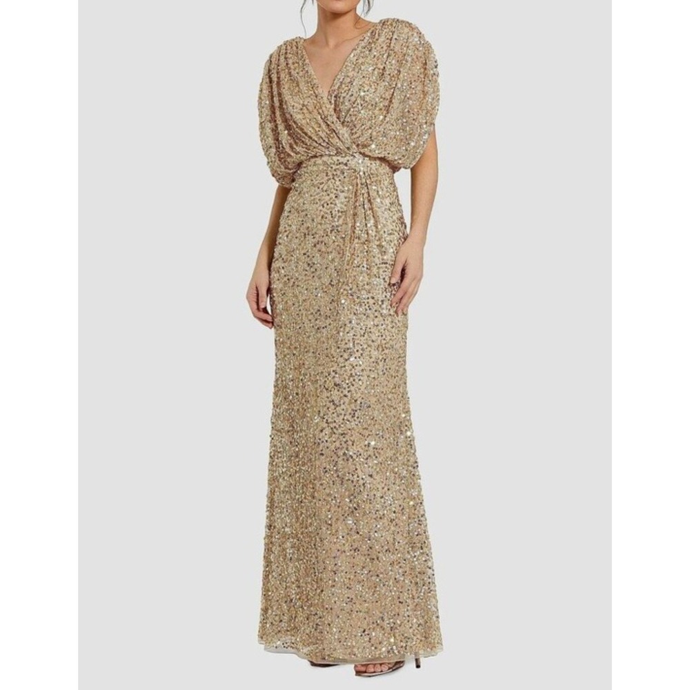 Mac Duggal Womens Gown Evening Dress NWT Gold Sequin V-Neck Flutter Sleeve sz 12